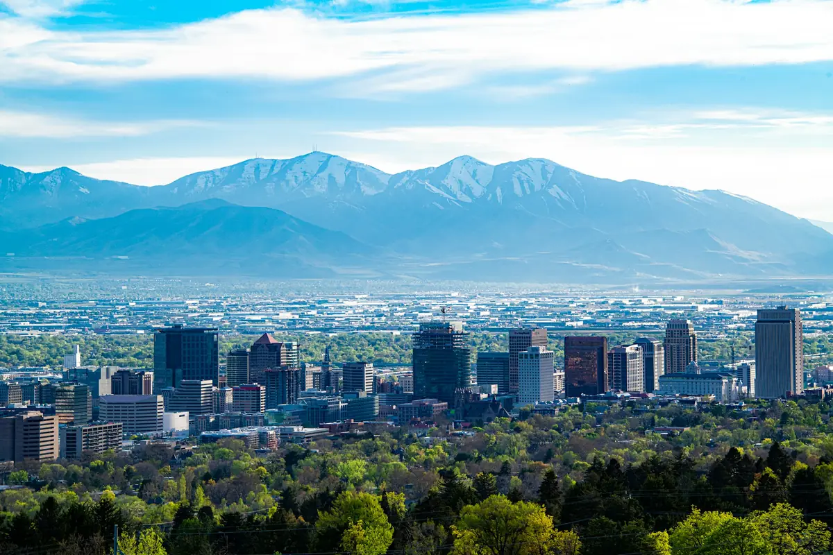 Downtown Salt Lake City and the Wasatch Range in late spring